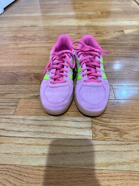 Adidas Pink Suede Sneakers with Neon Yellow Stripes